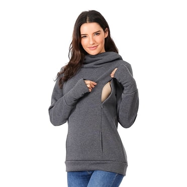 WUANDIXFA Women's Maternity Shirts Women's Nursing Maternity Long Sleeves Hooded Breastfeeding Hoodie Sweatshirts Dark Gray,XL