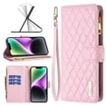 thumbnail image 1 of iPhone 14 Wallet Case Premium Handmade PU Leather Phone Case Card Slots Magnetic Closure Zipper Pocket Kickstand Flip Case with Hand Strap for iPhone 14 - Pink, 1 of 5