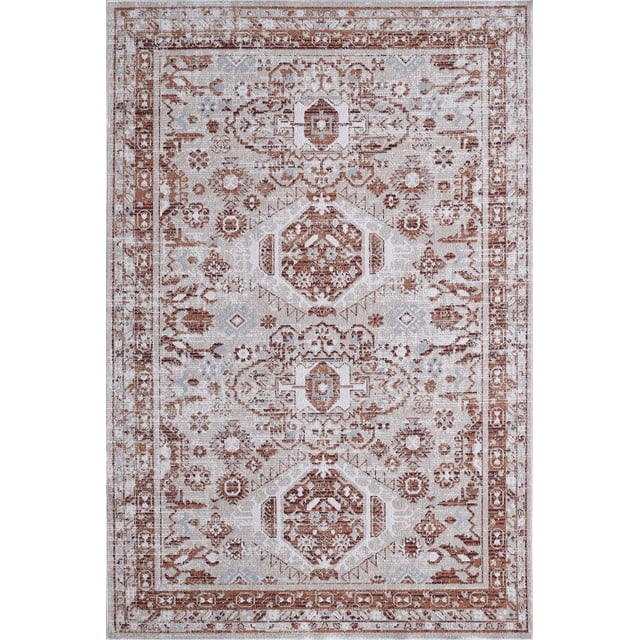 Rug Ease Abril Mink and Terracotta Area Rug with machine-woven polyester featuring geometric and floral patterns in mink and terracotta, 4mm pile height, cotton backing, machine washable and durable for high-traffic, children, and pets.