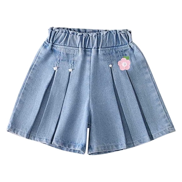 LIJCC Girls Denim Shorts Skirts Fashionable Flower Decoration Pleated Solid Color Elastic High Waist Summer Trendy Lightweight Denim Skorts