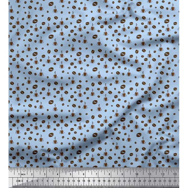 Soimoi Polyester Crepe Fabric Coffee Beans & Coffee Beverages Decor Fabric Printed Yard 52 Inch Wide