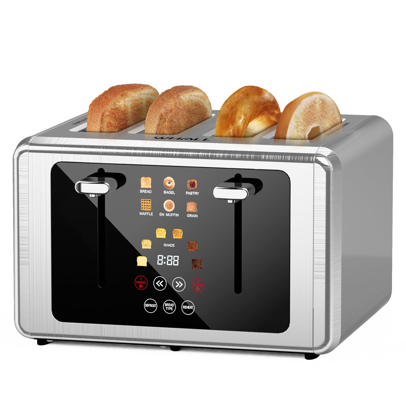 Whall 4-Slice Smart Toaster with Touchscreen & Extra-Wide Slots, Dual Independent Control, 6 Browning Levels & 6 Bread Types, Memory Function,Countdo