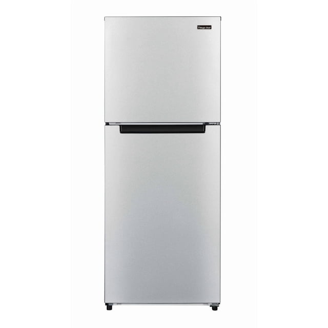 Magic Chef 10.1 Cu. Ft. Refrigerator with Top Freezer in platinum steel, front-facing compact two-door design with ENERGY STAR certification, 2.7 cu. ft. top freezer, and adjustable temperature control, ideal for small kitchens, offices, or break rooms.