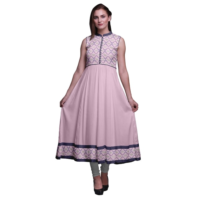 Bimba Robe Anarkali Rose Cochon Damassé Col Mandarin Sans Manches Kurtis pour Femmes Imprimé Robe Maxi Très Grande
