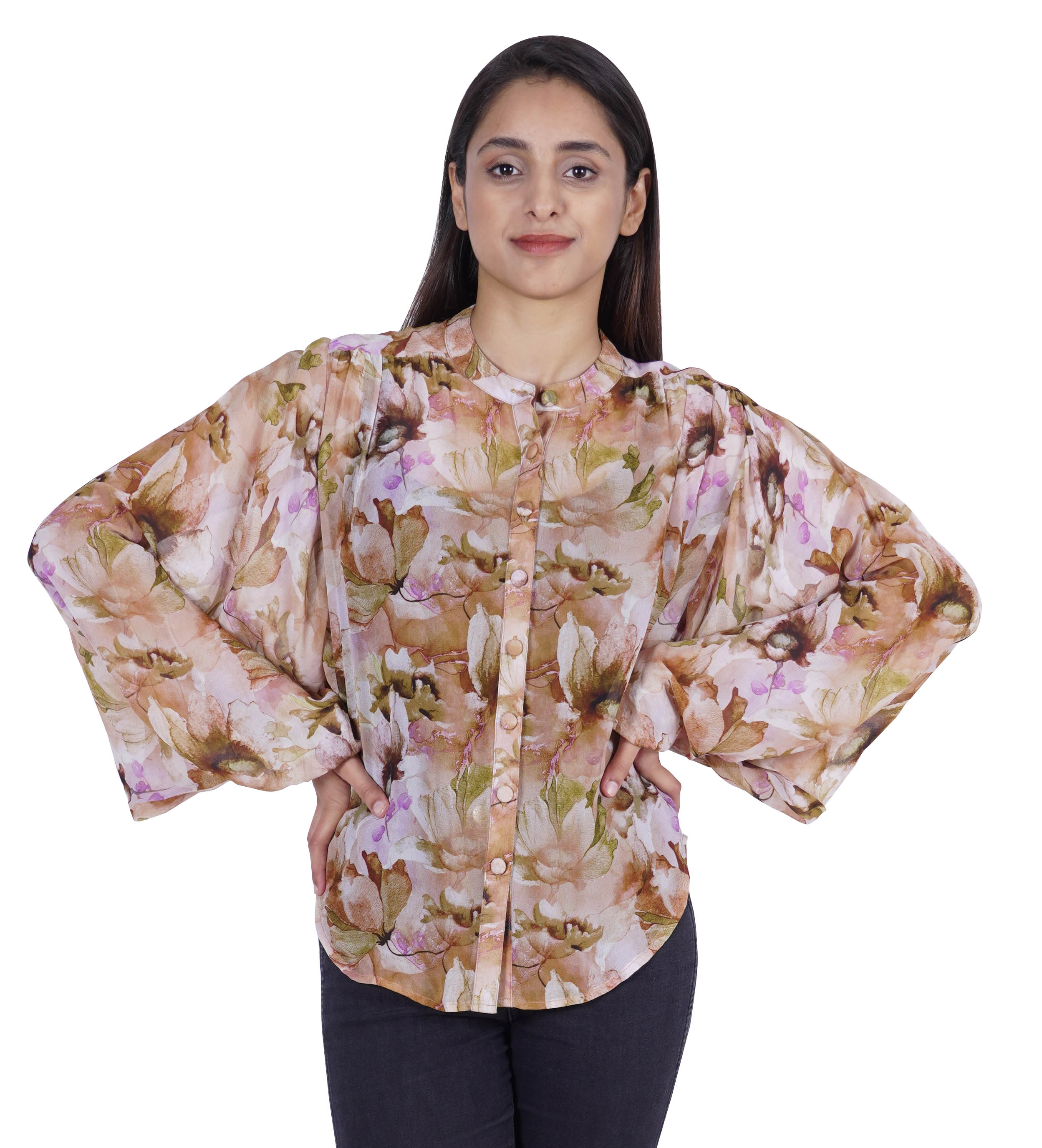 Moomaya Printed WoMen's Button Down Shirt Mandarin Collar Full Sleeve Summer Top