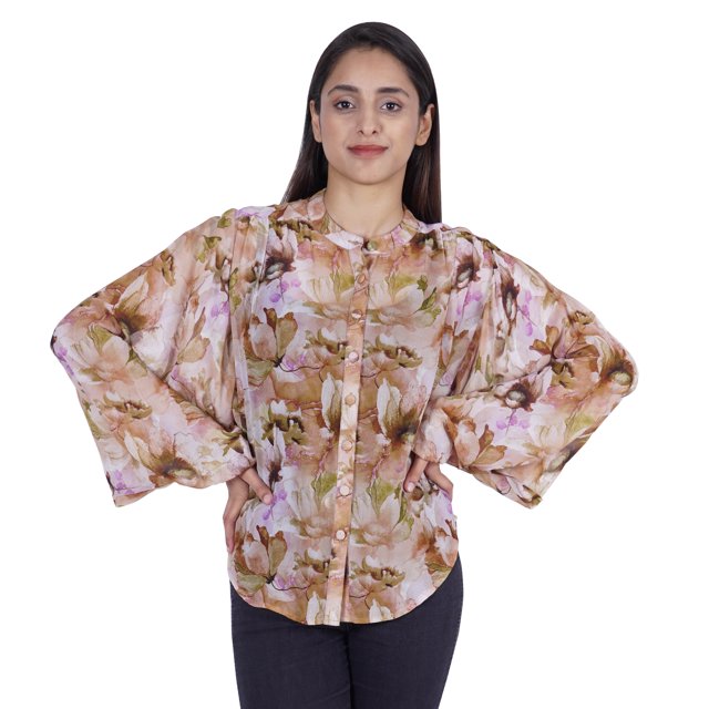 Moomaya Chemise Boutonnée Imprimée pour Femme Col Mandarin Manches Longues Haut d'Été
