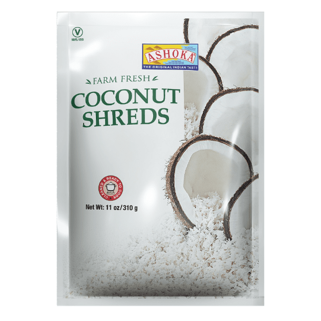 Ashoka Frozen Coconut Shred 310G package showing shredded white coconut inside a clear pouch with halved coconut images on the front, labeled farm fresh and 100% vegetarian, ideal for fruit toppings and cones for ice cream desserts.
