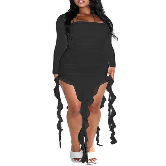 Femmes Robe Longue Manches Longues Cou Carré Fente Robe Irrégulière à Volants Robe de Cocktail