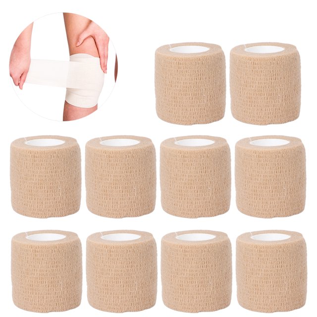 Bandage Wrap, Multifunction Handle Bandage Elastic for Sports and Fitness. The image shows a set of 10 beige self-adhesive elastic bandages made of non-woven fabric, each approximately 5cm wide and 450cm long. These bandages are designed for various uses, including wrapping handles for anti-slip grip, joint support during exercise, and wound packaging. The bandages feature strong viscosity, elasticity, and are non-allergenic. A close-up inset highlights the bandage being applied to a knee.