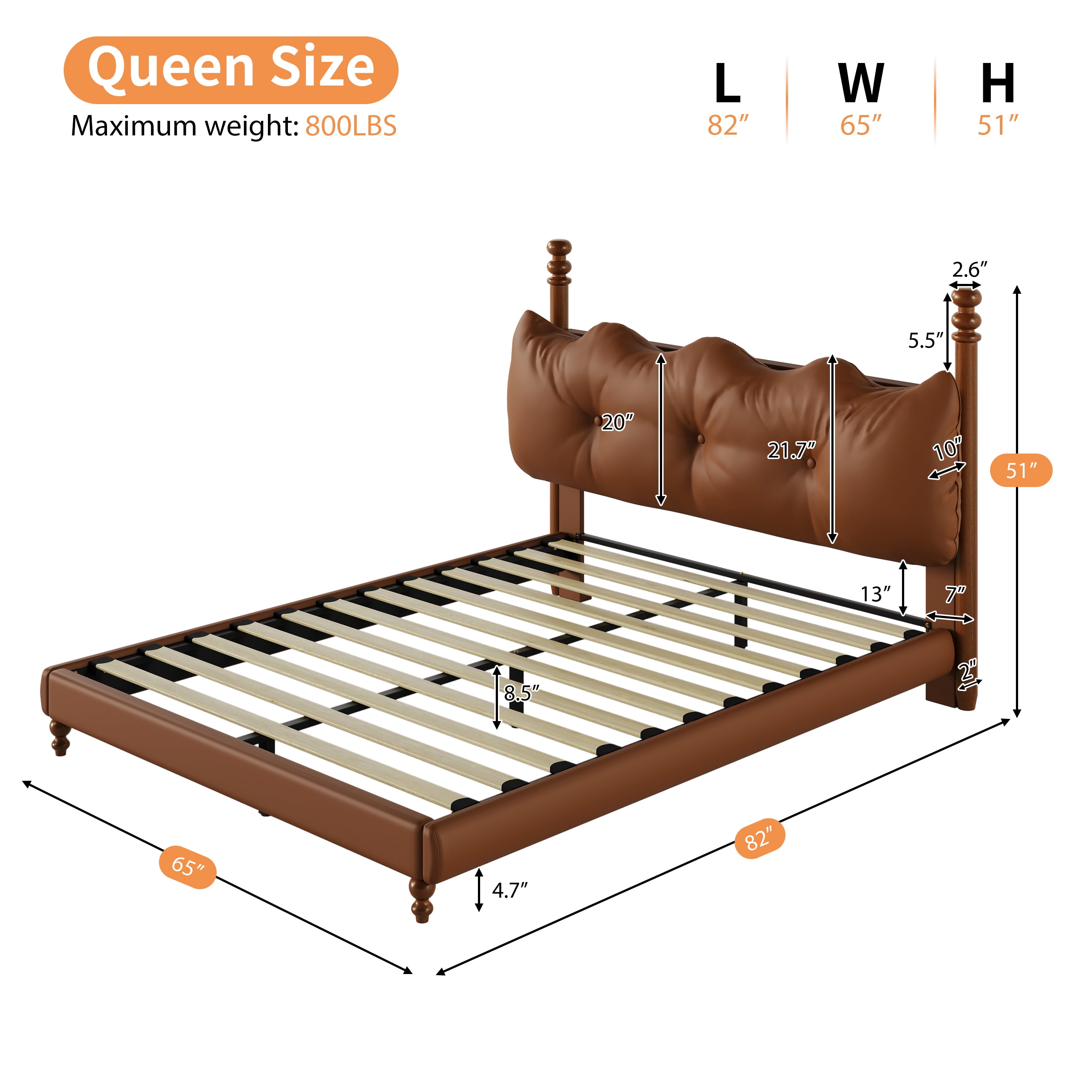 Noble House Lit Plateforme Grand Rembourré avec Tête de Lit, Cadre de Lit en Cuir PU avec Poteaux en Bois, Brun