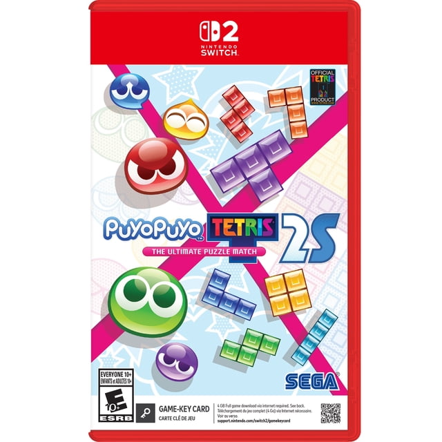 Puyo Puyo Tetris 2S Nintendo Switch 2 game key card featuring colorful Puyo Puyo characters and Tetris blocks on a light blue star-patterned background, official Tetris product logo, SEGA branding, and ESRB Everyone 10+ rating, suitable for fans of puzzle challenge and Nintendo Switch games.