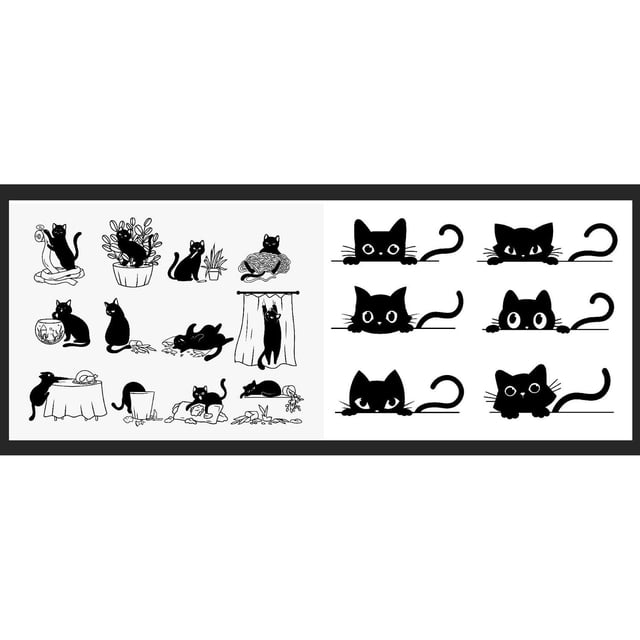 Ensemble de 2 Linges Suédois avec Chats, Présentant des illustrations de Chats Noirs dans des poses Ludiques comme s'Asseoir sur de la Laine, Se Cacher derrière des Plantes et Regarder par-Dessus les Bords, Imprimés sur des Linges Blancs Mesurant 7,6 par 6,7 Pouces, Idéal pour un Nettoyage Polyvalent de la Cuisine et pour Ajouter une Touche Décorative.