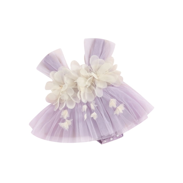 Boiiwant Newborn Baby Girl Outfits Sleeveless 3D Flower Decor Tulle Romper Dress, designed for 1st birthday photoshoots and summer wear. The romper features a sleeveless design with delicate 3D flower decorations and a tulle patchwork skirt in a soft lavender hue. Made from 100% polyester, it is lightweight and gentle on a baby's skin. Suitable for ages 0-18 months, with snap closures for easy dressing. Ideal for special occasions like birthdays, family gatherings, or photoshoots.