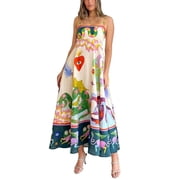 Gupgi Women Long Cami Dress Loose Sleeveless Spaghetti Strap Flowy Boho Dress Colorful Graffiti Sun Dress