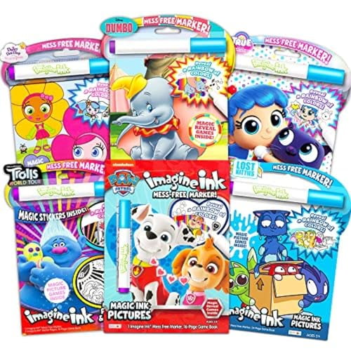 Imagine Ink Coloring Book Set for Girls (Bundle Includes 6 No Mess Books and Stickers Featuring Trolls, Dumbo, and More)