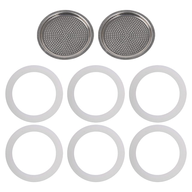 Seal Rings Replacement for Bialetti Coffee Machine 6 Cups with Filters Pack of 6. The image displays six white silicone gaskets and two silver aluminum filters, designed for 6-cup Moka pots like Bialetti, Moka Express, and others. The silicone gaskets ensure a tight seal, while the aluminum filters are durable and effective. Suitable for maintaining coffee flavor and preventing leaks.