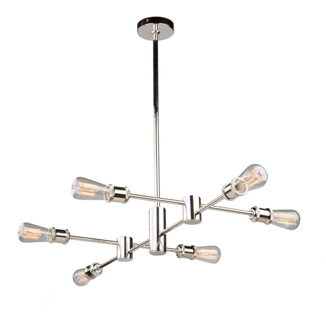 Artcraft Lighting Tribeca Lustre à 6 Lumières à Conception Modulaire avec Fini nickel Poli et Bras d'Inspiration Rétro Tenant six Douilles d'Ampoule de Style Edison. Homologué UL, Comprend des Tiges Ajustables pour une Hauteur Personnalisable et une Compatibilité avec les Plafonds en Pente. Ampoules Non Incluses.