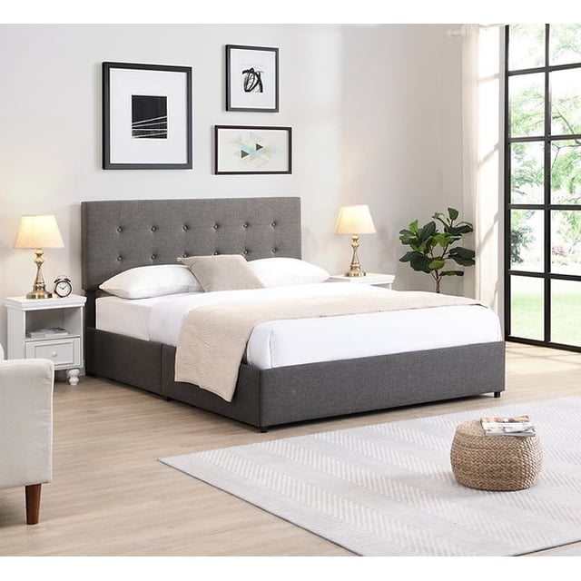 Lit de Rangement en Tissu Gris avec Tête de Lit Capitonnée à Boutons - Très Grand