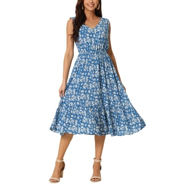 INSPIRE CHIC Women's Summer Boho Beach Dresses V Neck Sleeveless Floral Flowy Tie Midi Casual Sundress M Blue