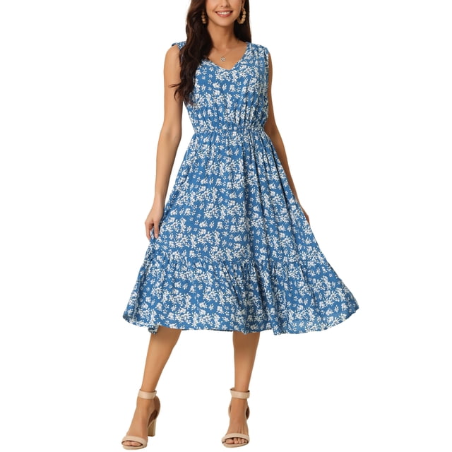 INSPIRE CHIC Robe d'Été Bohème de Plage pour Femme, Col en V, Sans Manches, Florale, Fluide, à Nouer, Midi, Décontractée, Robe Soleil, TG, Bleu