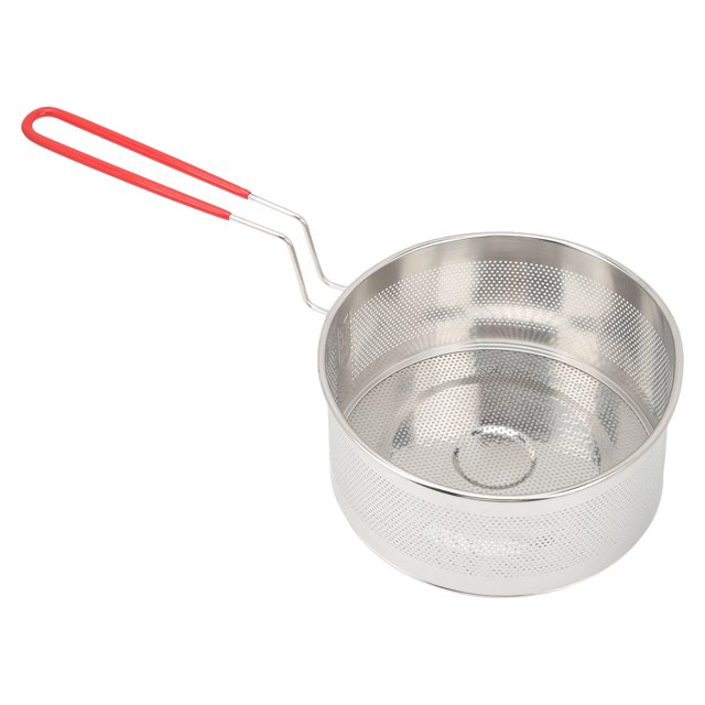 Deep Fryer Basket, round 304 stainless steel fry basket with ergonomic red silicone handle. Features uniform fine holes for easy grease drainage, ideal for cooking French fries, onion rings, shrimp, and other fried foods. A versatile kitchen accessory for boiling, frying, or straining.