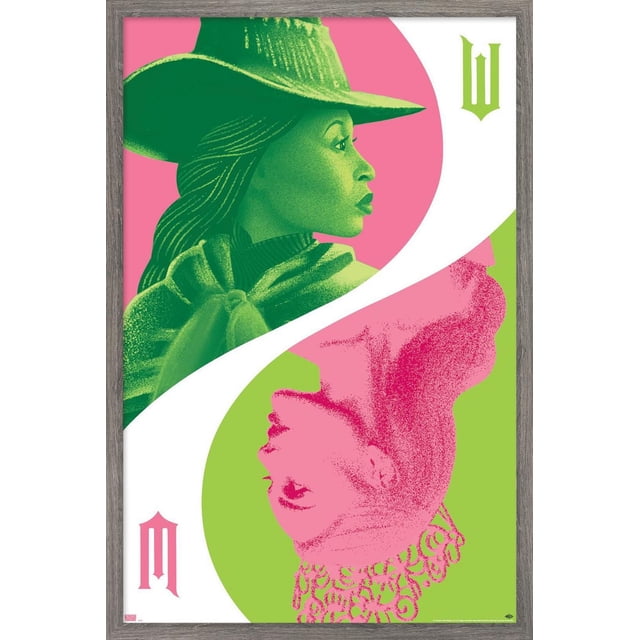 Wicked - Reflection Wall Poster with Push Pins, 22.375" x 34", featuring two stylized female profiles in green and pink separated by a white curved line, one with a wide-brimmed hat and the other with a crown, printed on glossy paper for vibrant wall decor in bedrooms, offices, or dorm rooms.