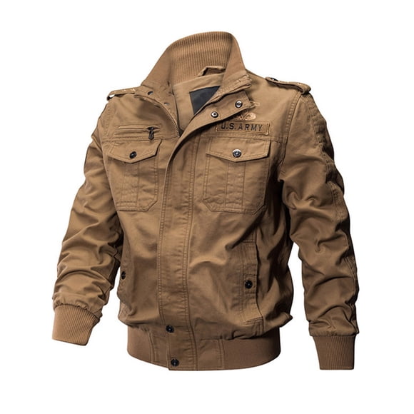 Avamo Men's Military Coats Stand Collar Cargo Jacket Fleece Lined Bomber Jackets Fashion Windbreaker Travel Outwear Khaki Without Velvet 3XL