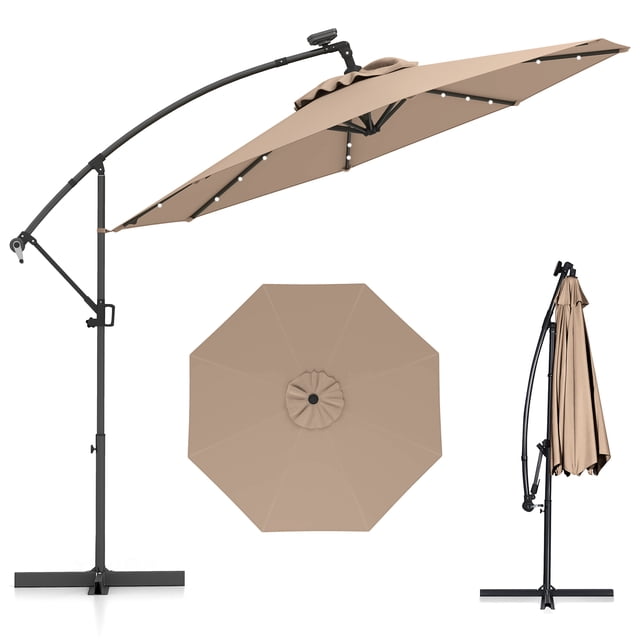 Gymax 10Ft Offset Hanging Umbrella Patio Outdoor w/ 32 Solar LED Lights Tan