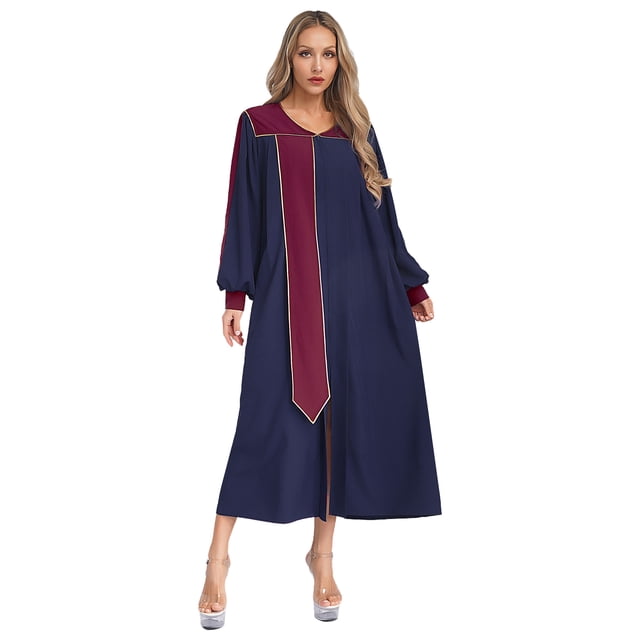 iefiel Womens Color Block Choir Robe Minister Pastor Robe Puff Sleeves Split Zipper Front Gown Graduation Gown NavyBlue XL