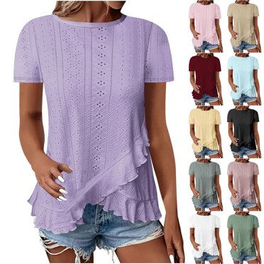 QATAINLAV Shirts for Women Loose Fit Casual Eyelet Embroidery Beach Tops Short Sleeve Tiered Lace Flowy Blouse 2025 Summer Vacation Outfits Sales Prime Light Blue XXL