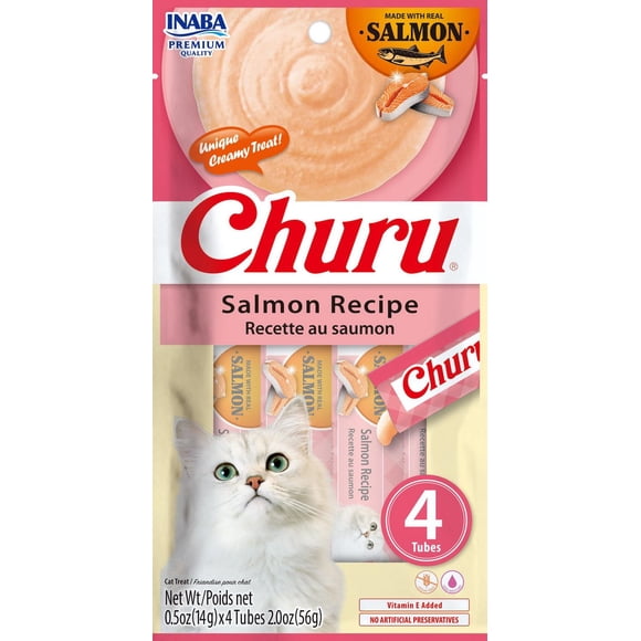 INABA Churu Cat Treats, Grain-Free Lickable Creamy Purée with Vitamin E - Salmon Recipe 4 tubes
