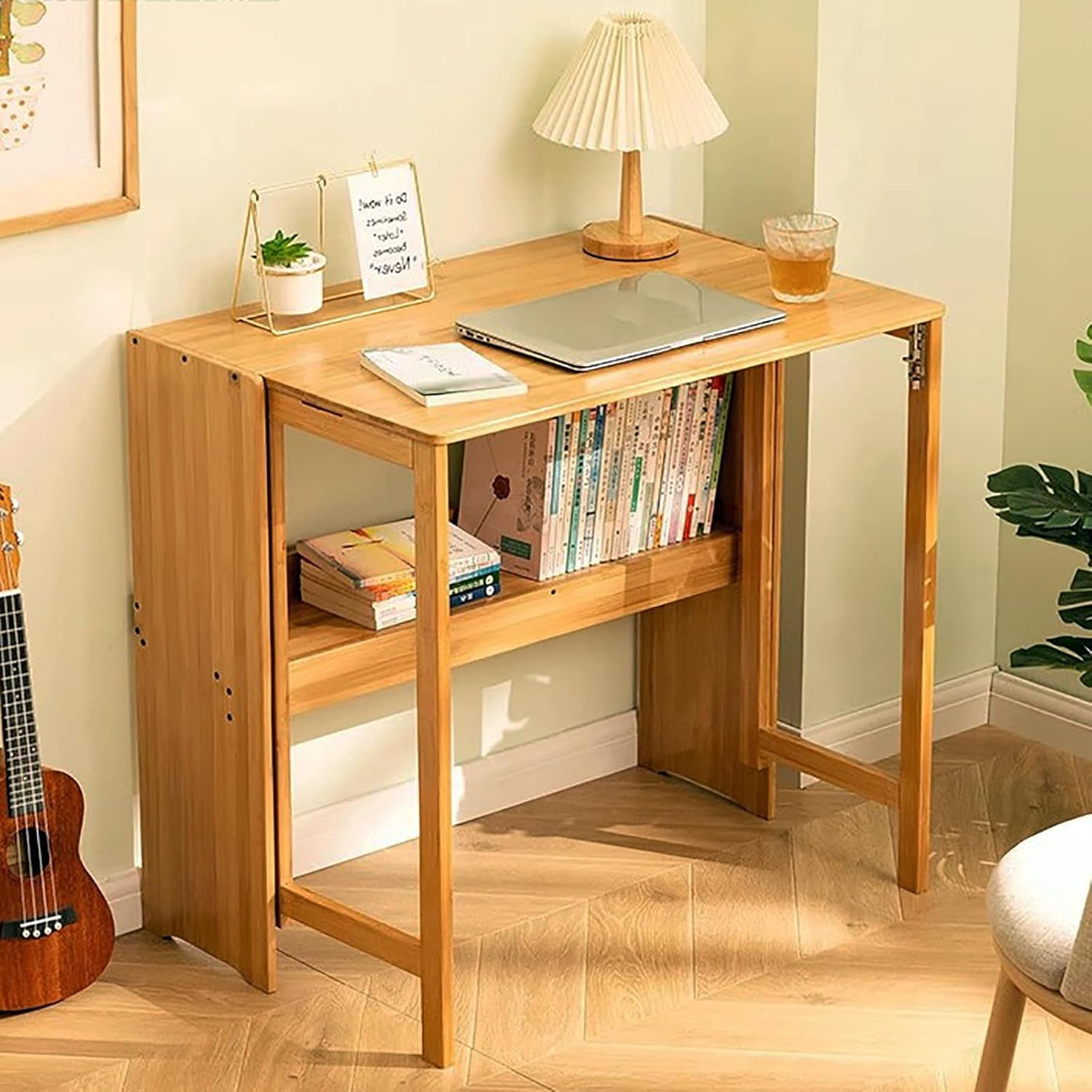 Collapsible Desk for Small Spaces,Solid Wood Computer Desk，Expandable Writing Study Table with Bookshelf,Home Office Fold Up Desks(33" W, Natural)