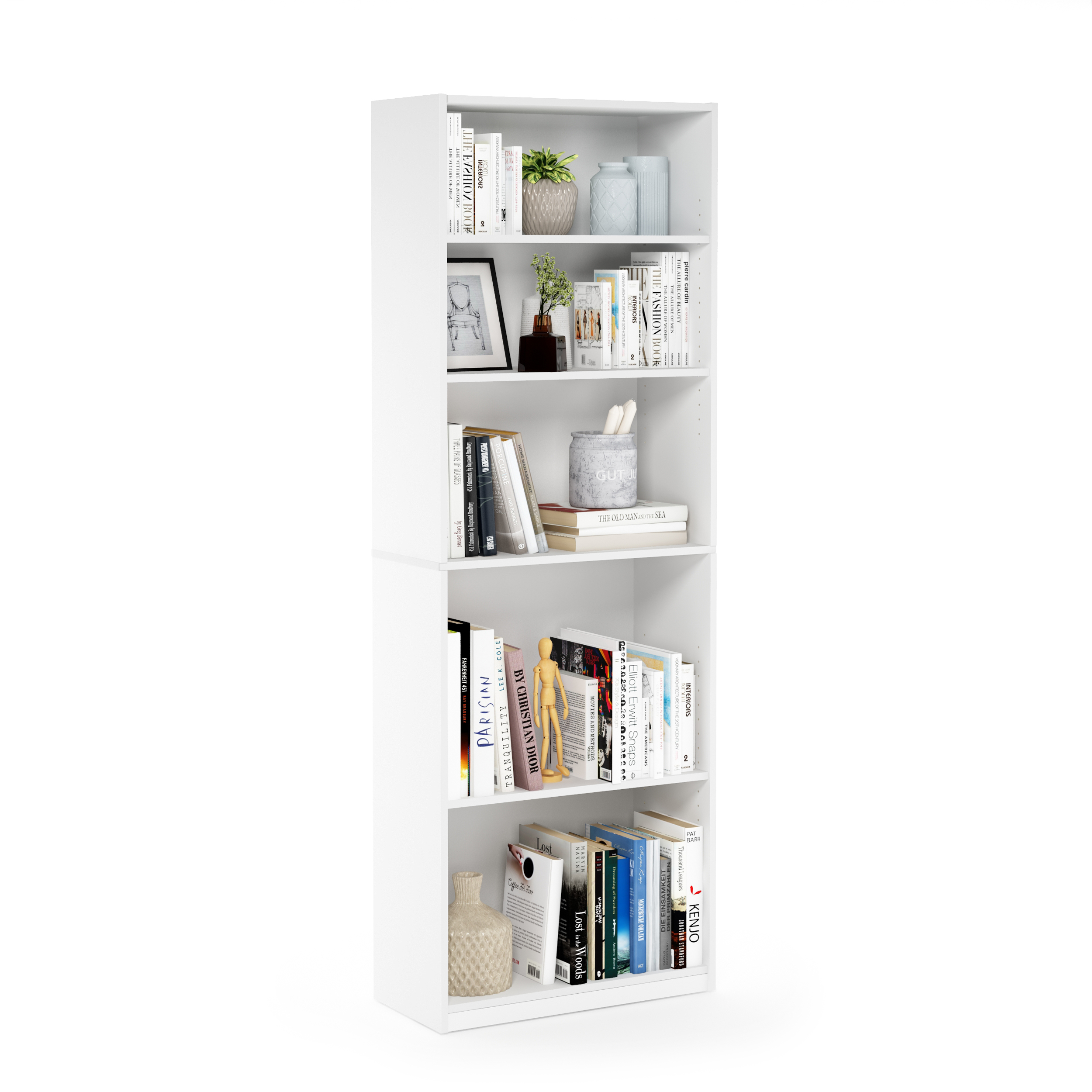 Furinno Jaya 5-Tier Book Shelf with Adjustable Shelves, White Bookshelf, Bookcase, 9.5 x 24.5 x 71.2, for Living Room, Bedroom, Home Office, Plain White