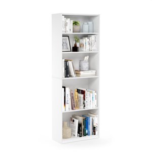 Furinno Jaya 5-Tier Book Shelf with Adjustable Shelves, White Bookshelf, Bookcase, 9.5 x 24.5 x 71.2, for Living Room, Bedroom, Home Office, Plain White