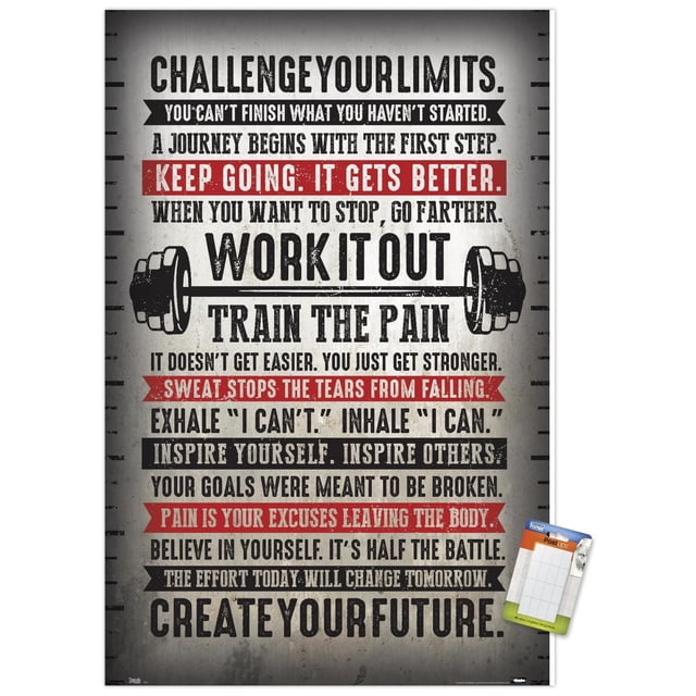 Challenge Your Limits Wall Poster, 14.725" x 22.375", motivational fitness wall art with bold black and red text on a distressed beige background featuring a barbell graphic, ideal for home décor in bedrooms, offices, or gyms.