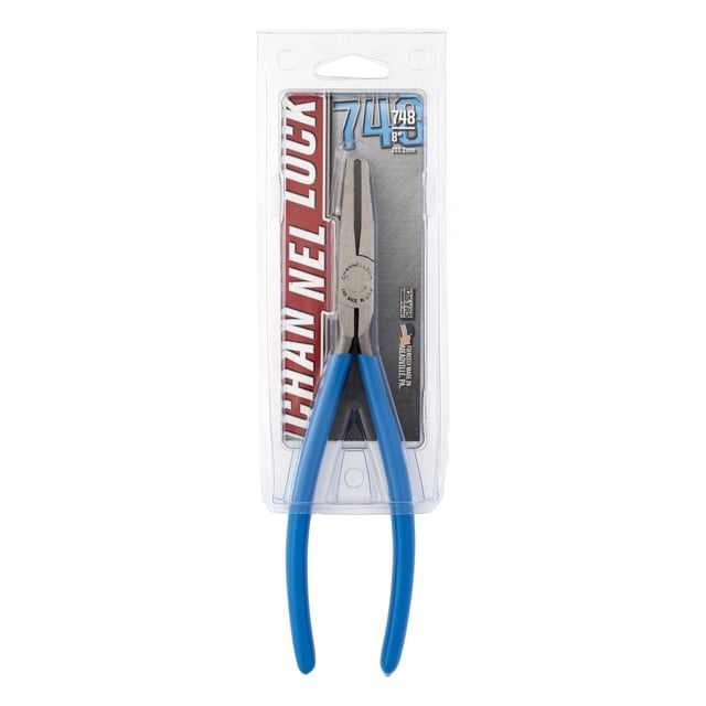 CHANNELLOCK 8" End Cutting Plier with blue grips in clear plastic packaging, made of high-carbon U.S. steel with rust-resistant coating, designed for long reach and cutting split rings and springs in hard-to-reach spaces.