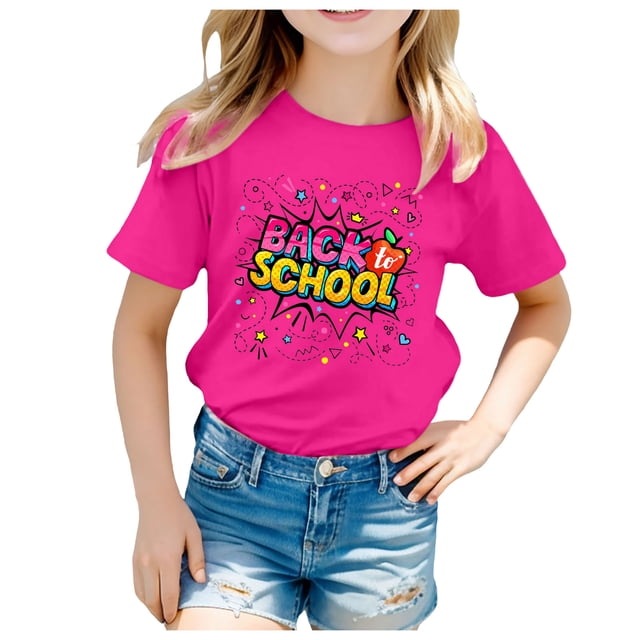 LUOGENLI T-Shirt pour Filles Enfants École Rentrée des Classes Imprimé Décontracté Manches Courtes Haut T-Shirt Maxi Hauts Ensembles Filles Tenue 2 Pcs Boho 8-9 Ans