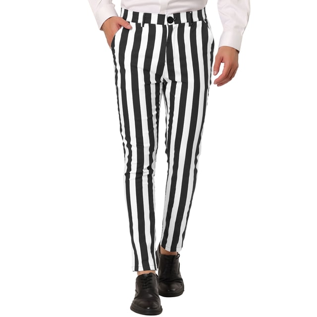 INSPIRE CHIC Men's Striped Pants Skinny Fit Contrast Color Button Zipper Trousers 36 Black White