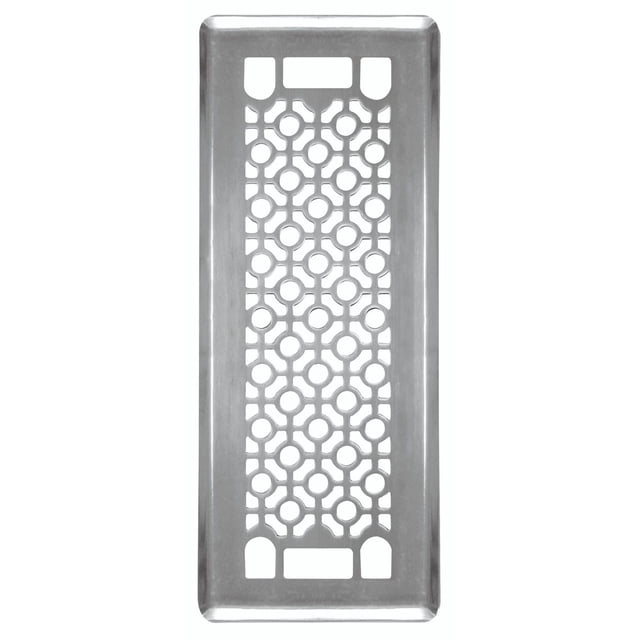 Floor Choice Cosmos 3x10 floor register with a rectangular silver metal frame and geometric grille pattern of circles and connecting lines, designed for ventilation and ductwork airflow control in home improvement.
