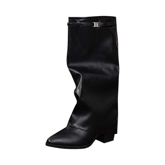 Wensltd White Knee High Boots for Womens Pleated Metal Comfortable Fall Winter Fashion Shoes Thick Soled Boots for Women