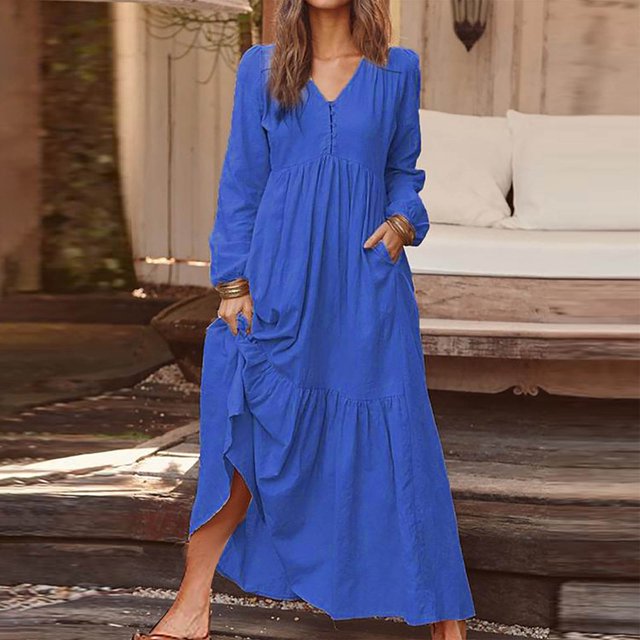 FcBaudy Robe à Manches Longues à Col en V, Robes d'Été pour Femmes, Robes pour Femmes Mode Robes pour Femmes Décontractées à Manches Longues Couleur Robe Longue à Col en V Robe Femme