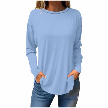 Timegard Hauts Grande Taille pour Femmes Col Rond Manches Longues Couleur Unie T-Shirt Confortable Automne Décontracté Ample Hauts