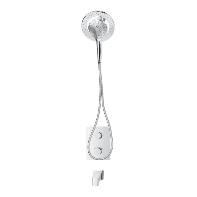 Square 3-functions thermostatic valve with magnetic handheld shower offering 6 spray settings and anti-limescale nozzles, chrome finish, square plate with two round handles, 6-inch brass shower arm, slip-on bath spout with 5-1/4 inch center connection, and 59-inch flexible stainless steel hose with brass fittings.