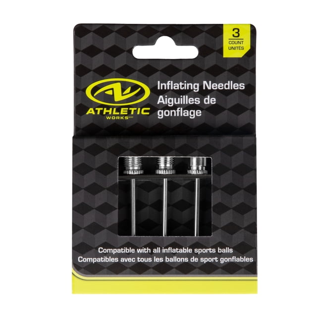 Athletic Works Inflating Metal Needles 3PK in black and yellow packaging with three silver metal needles visible, compatible with all inflatable sports balls for quick and reliable inflation during games or practice.