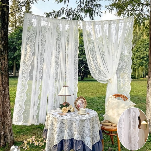 White Lace Sheer Curtain Rod Pocket Drapes, Floral Embroidered Tulle Window Curtain With Light Filtering Elegant Design for Bedroom Living Room Wedding Party Home Decor Window Treatment Use