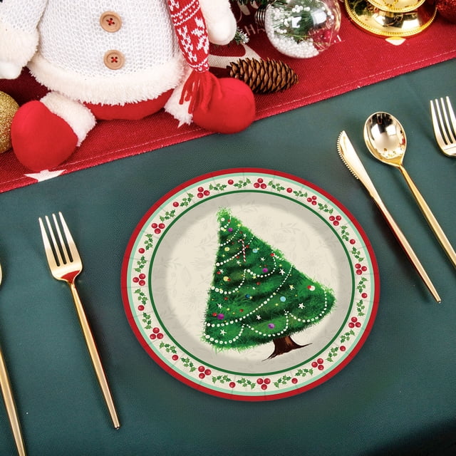 Vaidha Ensemble de Fournitures pour Fête de Noël / 10 Assiettes en Papier Rouges 7 et 9 Pouces / 10 Gobelets en Papier / 20 Essuie-Tout / Vaisselle Jetable pour les Fêtes pour Rassemblements et Événements