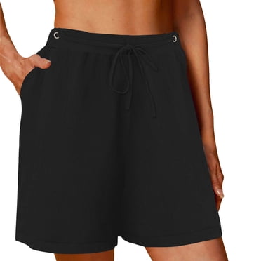 Gspmoly Shorts de Gym pour Hommes, Shorts en Lin pour Femmes Couleur Unie Confortables à Taille Élastique à Jambe Grand Shorts Décontractés Shorts de Golf pour Femmes Cadeaux de Vacances Noir P