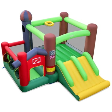 Costway Château Gonflable à Thème Ferme Maison Rebondissante pour Enfants avec Doubles Glissades Soufflerie Exclue