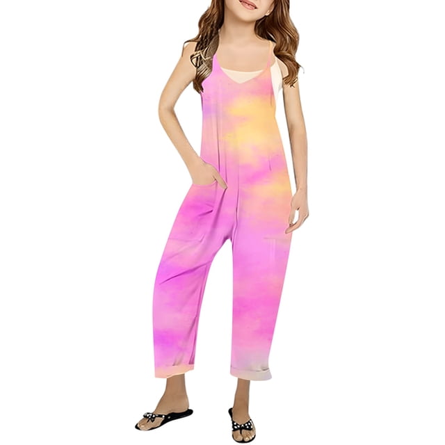 MIASHUI Girls Tie Dye Rompers Sleeveless Spaghetti Straps Jumpsuits Comfy Loose Trousers,Pink,5-6 Years