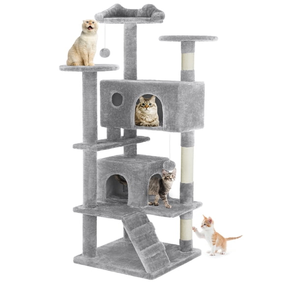 edx 54" Cat Tree Tower, Multi-Level Pet Indoor Furniture with Scratching Post, Large Condo, Climbing Ramp for Kitten, Light Grey